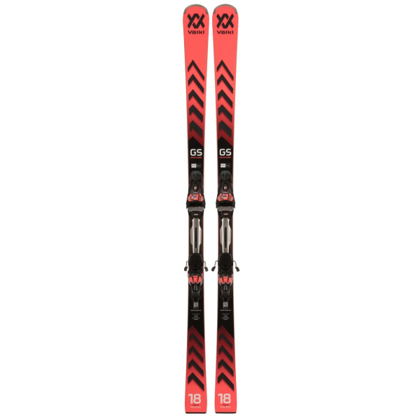 Völkl Racetiger GS Ski von oben auf Weiß, rot und schwarz mit Völkl-Logo, GS-Aufdruck und schwarz-roter Bindung