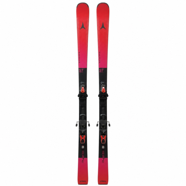 Atomic Redster S7 Ski von oben, rot mit pinkem Verlauf zu Schwarz, rot-schwarze Bindungen, Länge 169, auf Weiß
