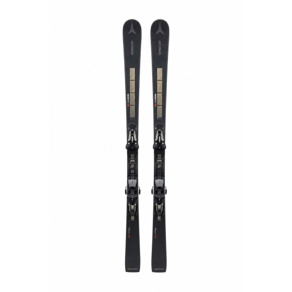 Atomic Redster S9i Skipaar mit Bindung, schwarz mit goldfarbenen Einsätzen und roten Details, freigestellt auf Weiß