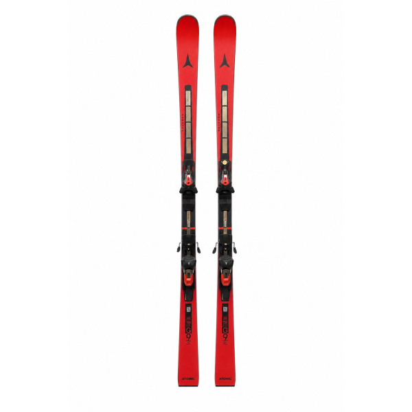 Atomic Redster G9 Ski mit Bindung, Frontansicht von Spitze bis Ende, rote Oberseite mit beigen Einsätzen, auf Weiß
