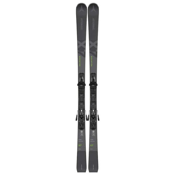 Atomic Redster X7 Ski mit Bindung von oben, in Grau und Grün, vor weißem Hintergrund