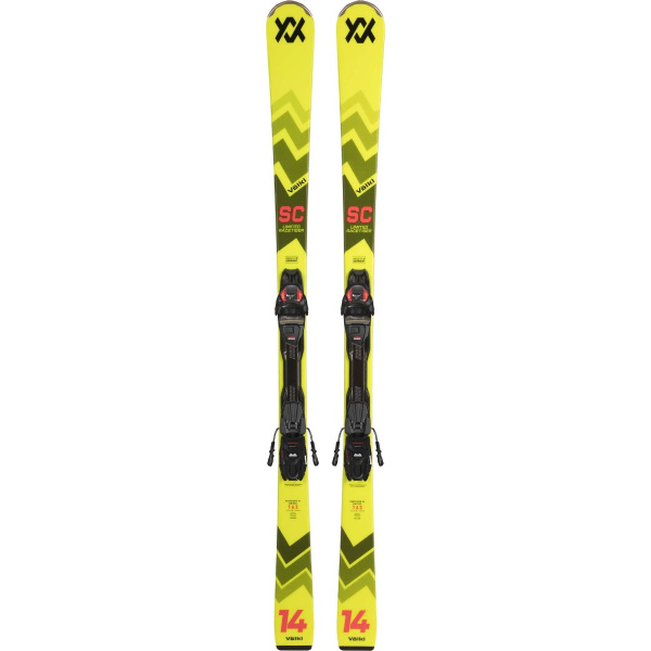 Völkl racetiger sc limited seitliche Ansicht gelbes Rennski-Design und Bindungen sichtbar