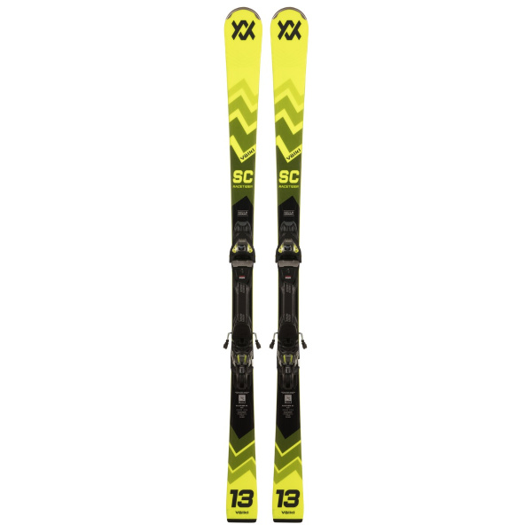 Völkl racetiger sc limited seitliche Ansicht gelbes Rennski-Design und Bindungen sichtbar