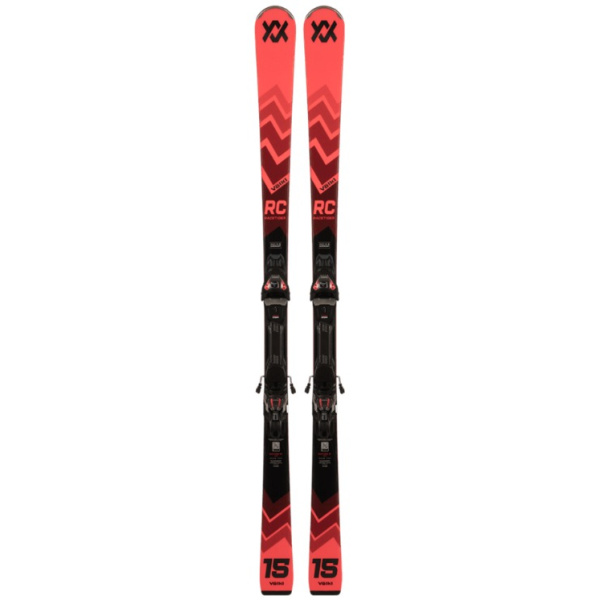 Völkl Racetiger RC Ski mit Bindungen, rote Farbe und sportliches Design.