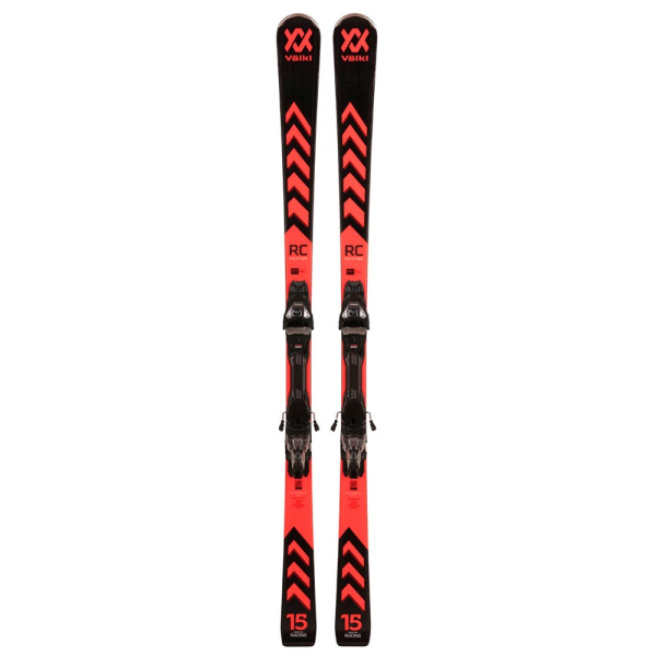 Völkl Racetiger RC Ski mit Bindungen, rote Farbe und sportliches Design.