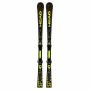 Head Supershape e-Speed carving ski's vooraanzicht, beide ski's naast elkaar hangend op witte achtergrond, met gele 'HEAD' en 'e-SPEED' opdruk op zwart blad, inclusief zwart-gele PRD 12 GW bindingen en 'SUPERSHAPE SPEED' tekst op de tail