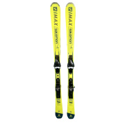 Salomon S-MAX 06 R Ski-Paar von oben, leuchtend gelb mit schwarzem S/MAX-Schriftzug an den Spitzen und schwarzen Bindungen, auf Weiß