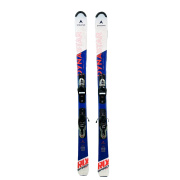 Paar Dynastar RLX Speed Zone Ski mit Bindung von oben gesehen, mit Längenaufdruck 142, in Weiß und Blau, vor weißem Hintergrund