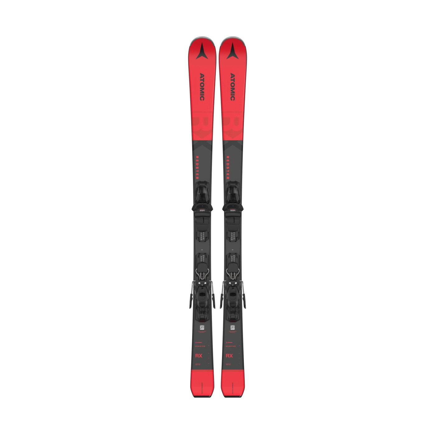 Atomic Redster RX Ski mit Bindung von oben, in Rot und Schwarz, vor weißem Hintergrund
