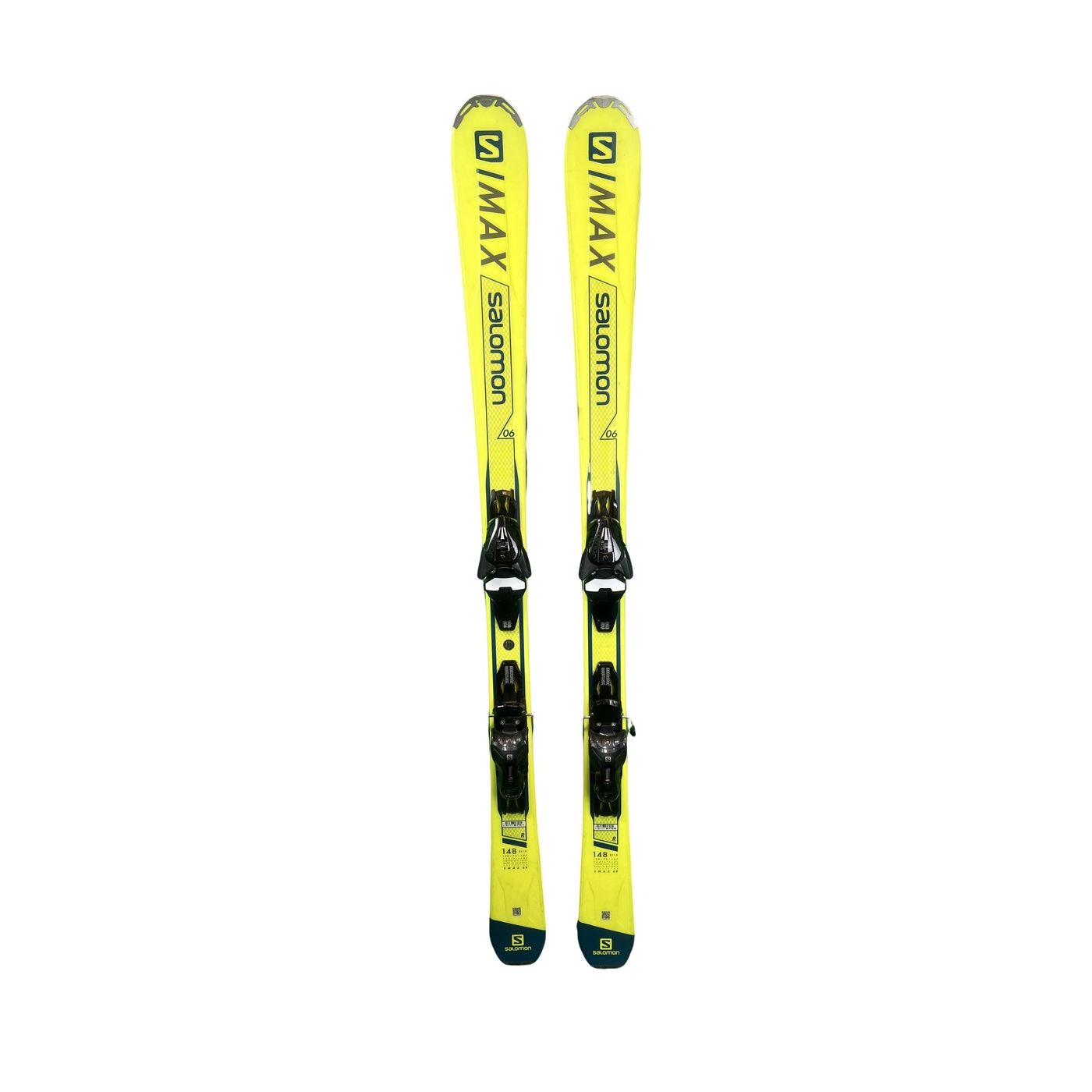 Salomon S-MAX 06 R Ski-Paar von oben, leuchtend gelb mit schwarzem S/MAX-Schriftzug an den Spitzen und schwarzen Bindungen, auf Weiß
