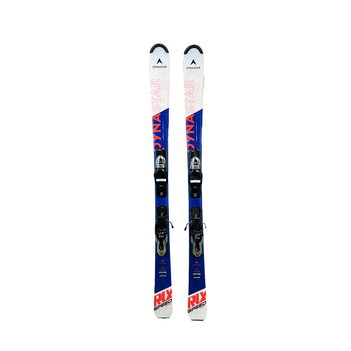 Paar Dynastar RLX Speed Zone Ski mit Bindung von oben gesehen, mit Längenaufdruck 142, in Weiß und Blau, vor weißem Hintergrund