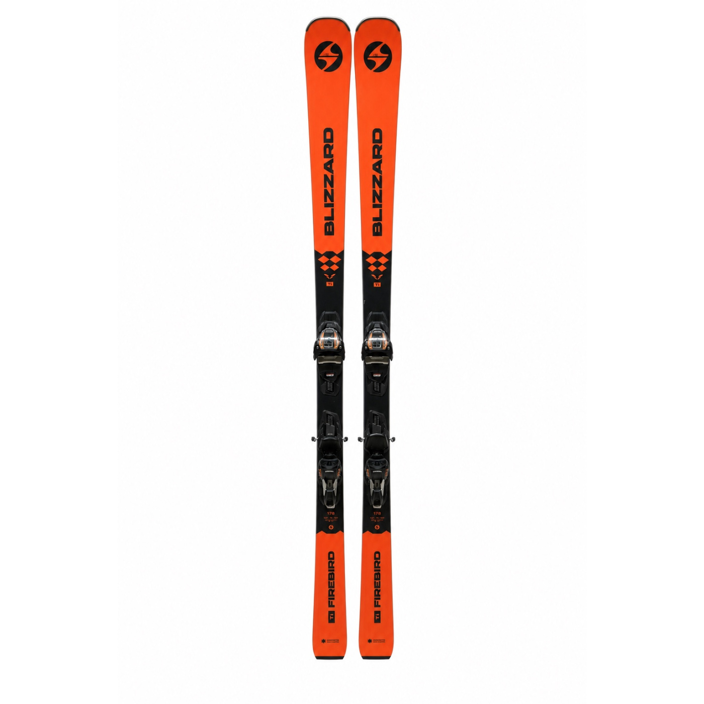 Blizzard Firebird Ti Ski auf Weiß, von Spitze bis Ende mit Bindung, orange und schwarz, Länge 176 aufgedruckt
