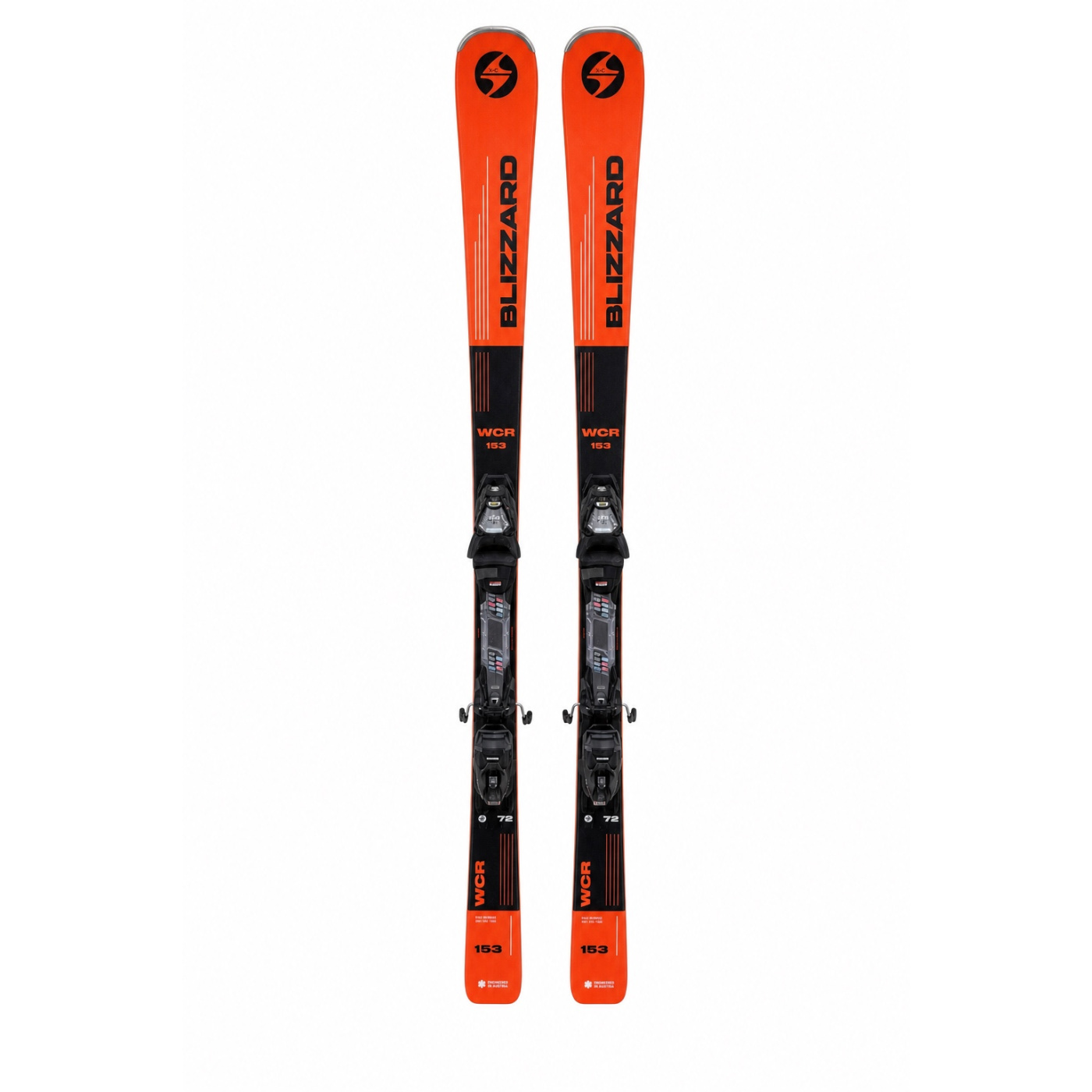 Blizzard WCR 72 Ski, ganzes Paar von oben, orange und schwarz, auf Weiß