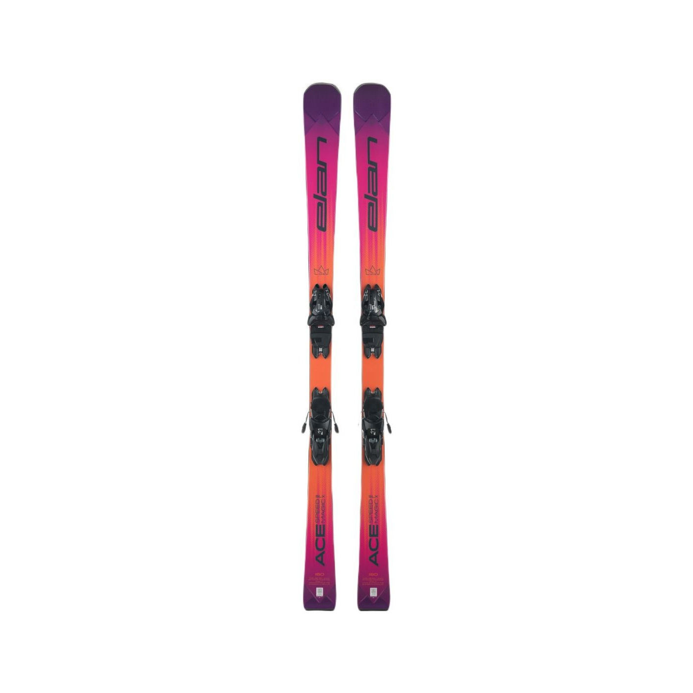 Paar Elan Ace Speed Magic SLX Ski mit Bindung von oben gesehen, in Pink, Orange und Violett, vor weißem Hintergrund