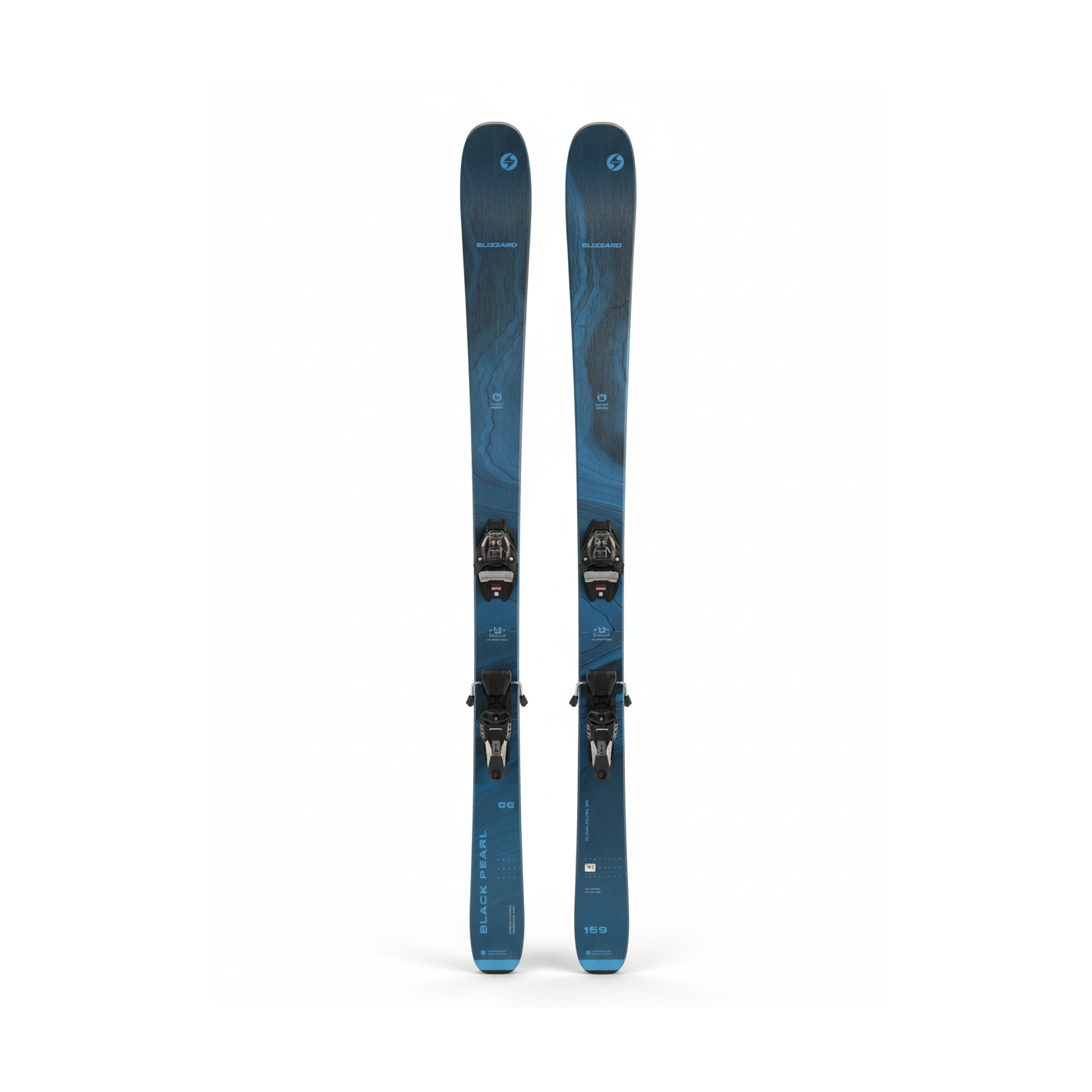 Paar Blizzard Black Pearl 88 Ski mit Bindung von oben gesehen, in Blau, vor weißem Hintergrund