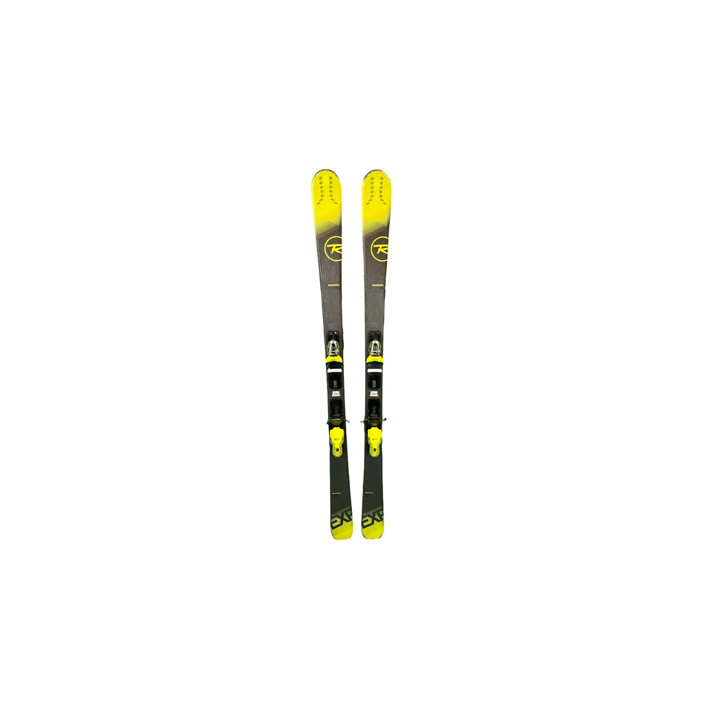 Rossignol Experience 80 Ski von oben auf Weiß, schwarz mit gelber Spitze, rundes Rossignol-Logo, gelb-schwarze Bindung